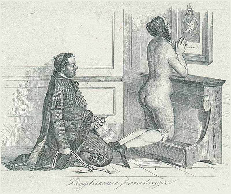 naked novitiate or nun kneels on a prayer bench and prays for forgiveness while a kinky friar or priest or monk sits beside her with a whip for her flagellation in one hand and his erect penis masturbating in his other hand