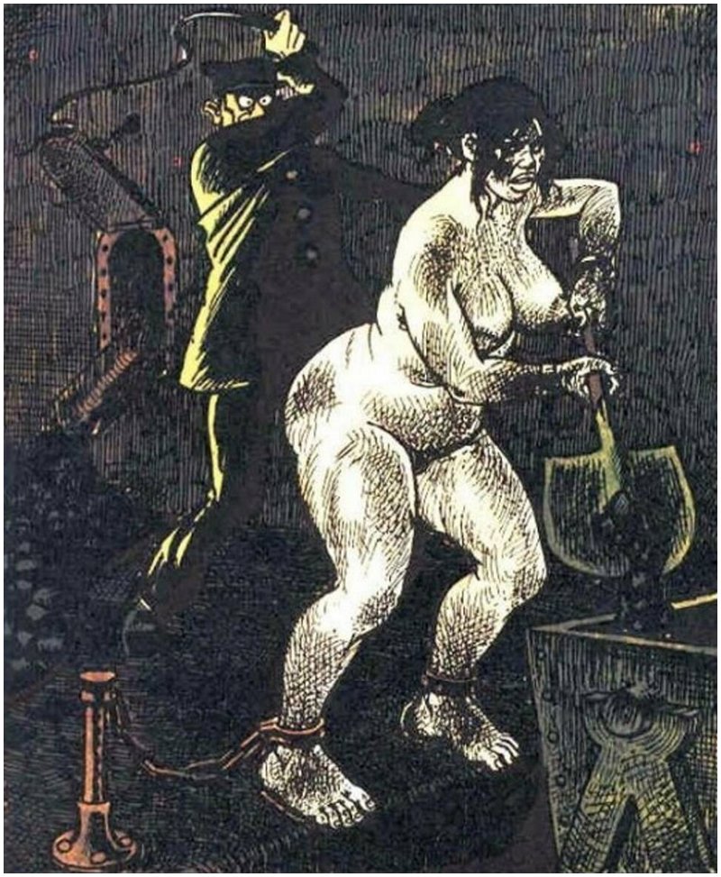 chained woman shoveling coal while a uniformed man with a whip makes her keep at it