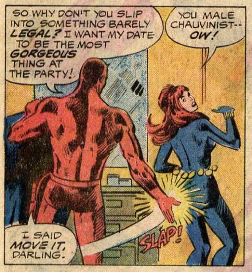 Daredevil spanking the Black Widow when she balks at dressing up for him to show her off at a party