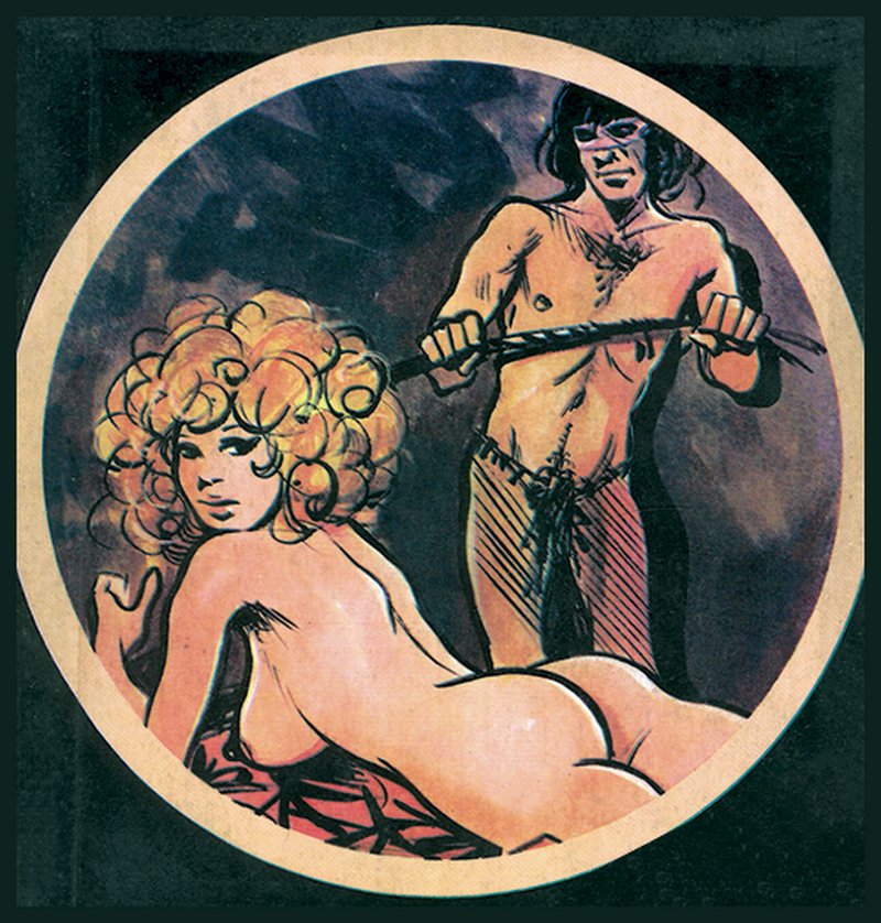 woman clenches her fists nervously as masked man prepares to whip her