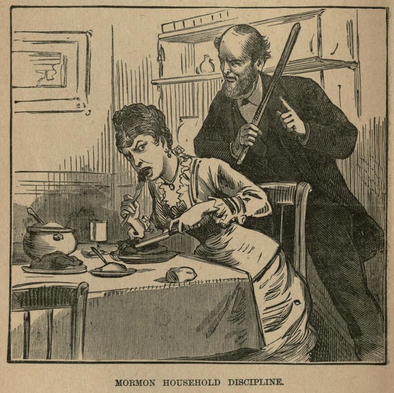 unhappy Mormon wife tries to shove a few bites of food in her mouth while her husband lectures her and threatens her with big spanking stick