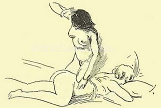 one nude girl giving a spanking to another