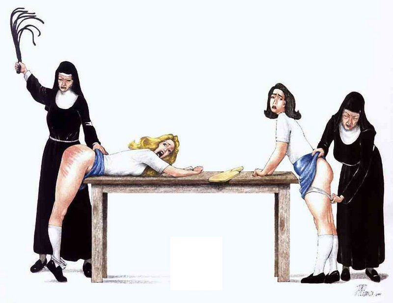 two evil nuns whipping and paddling a couple of bare-bottomed young women