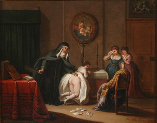 oil painting of a nun punishing three girls
