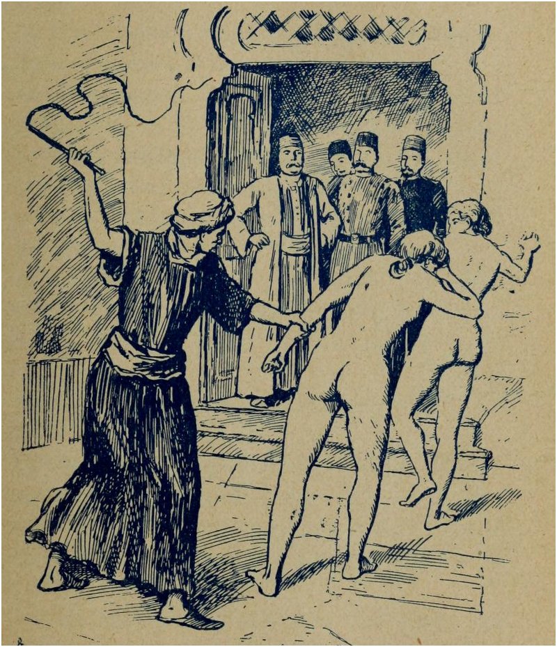 orientalist view of two women being whipped in public