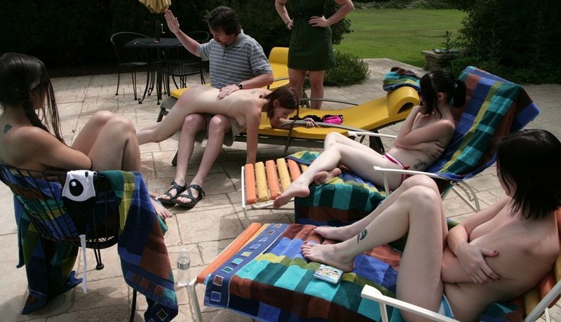 poolside spanking party for four surly teens