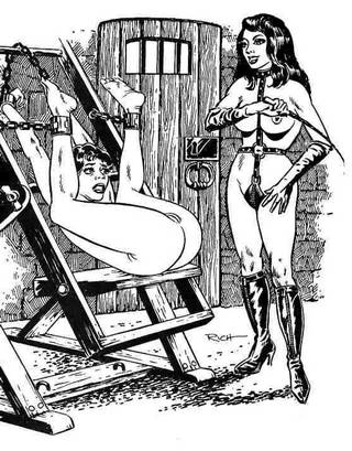 cartoon girl in abject bondage about to get the pussy whipping of her life during an extended dungeon interrogation