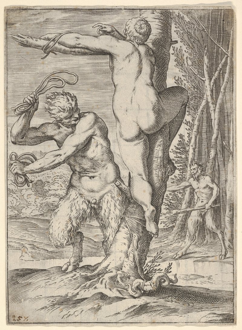 satyr whipping a nymph who is tied to a tree