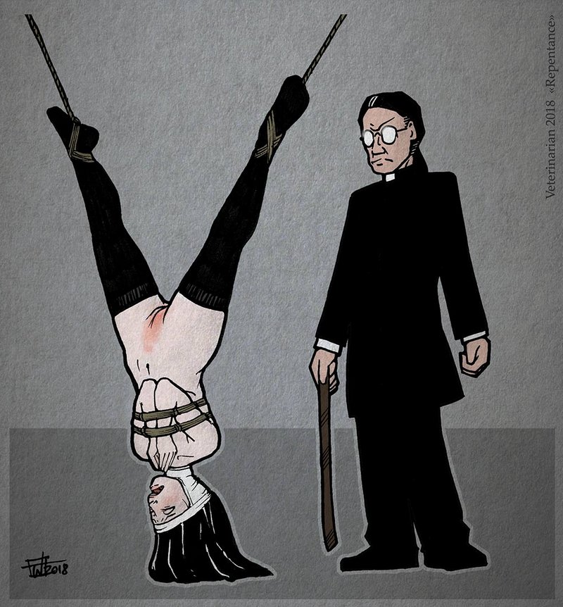 suspended with legs open for a brutal pussy punishment with a leather strap