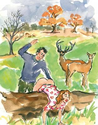 outdoor spanking in a park with tame deer