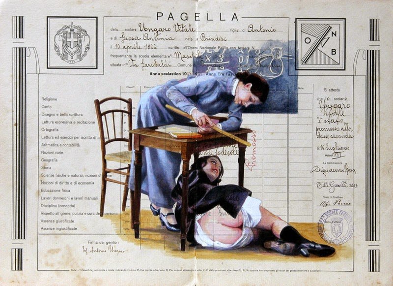 hiding under the desk from her spanking teacher