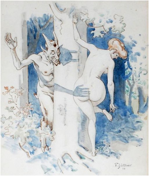satyr reaches out to spank a bare-bottomed nymph