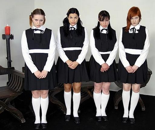 four surly girls about to be beaten at religious school -- Black Velvet movie