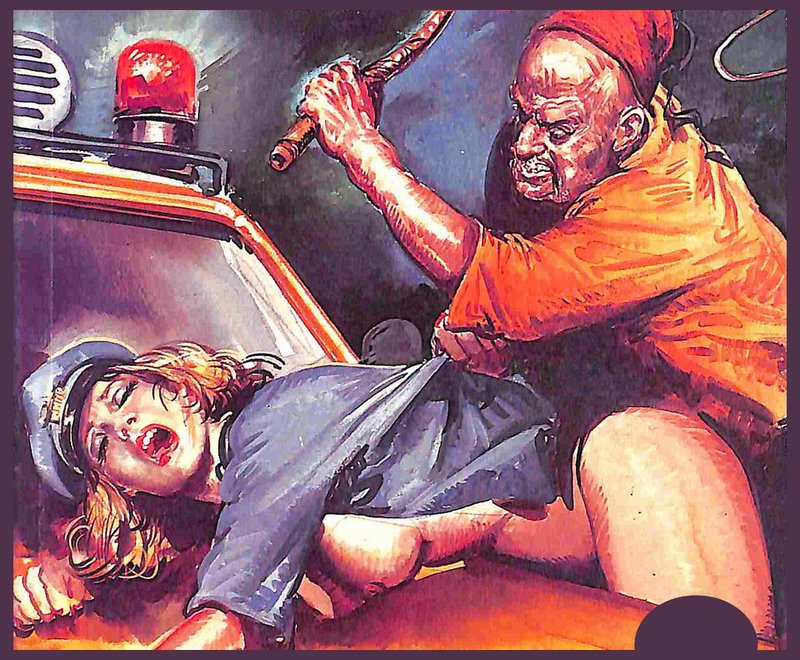 uniformed police woman whipped by an angry man wearing a red fez while bent over the hood of her own police car