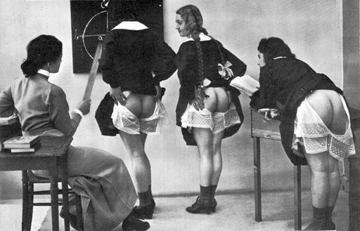 vintage classroom punishment scene with three girls and a female teacher-disciplinarian
