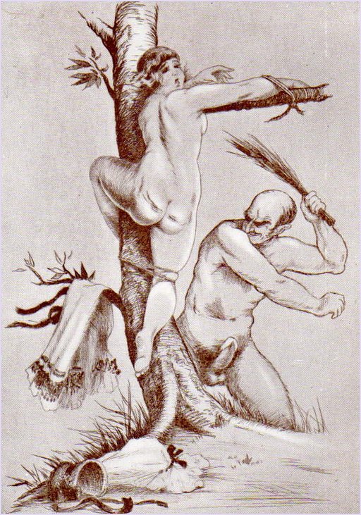 tied to a tree in crucifixion posture and brutally birched by a naked man with a rampant erection