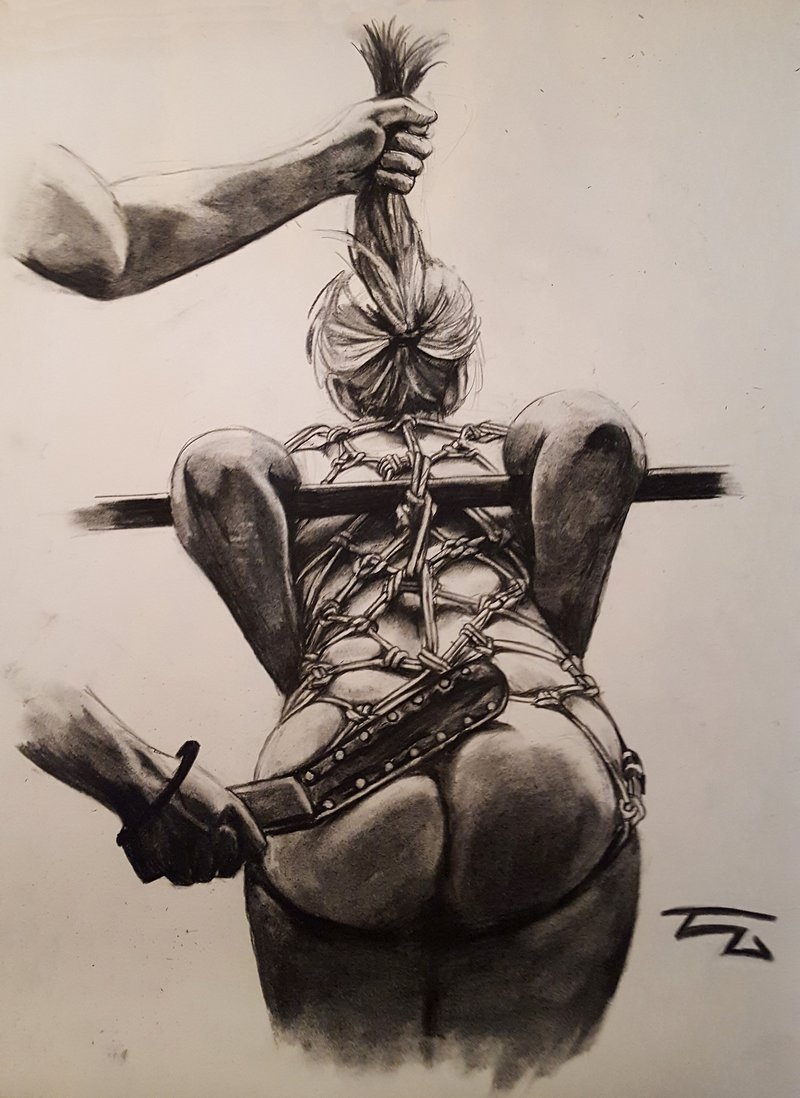 bound woman held by her hair as her ass is spanked with a short leather strap