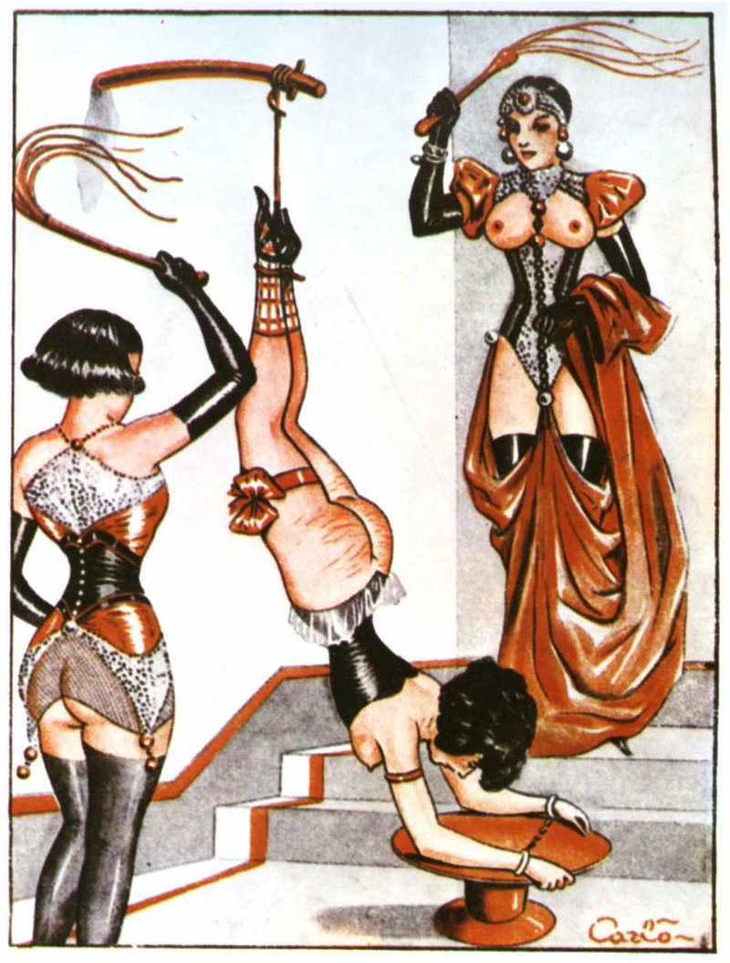 Inverted upside down suspension whipping by two dommes illustration from the 1930s
