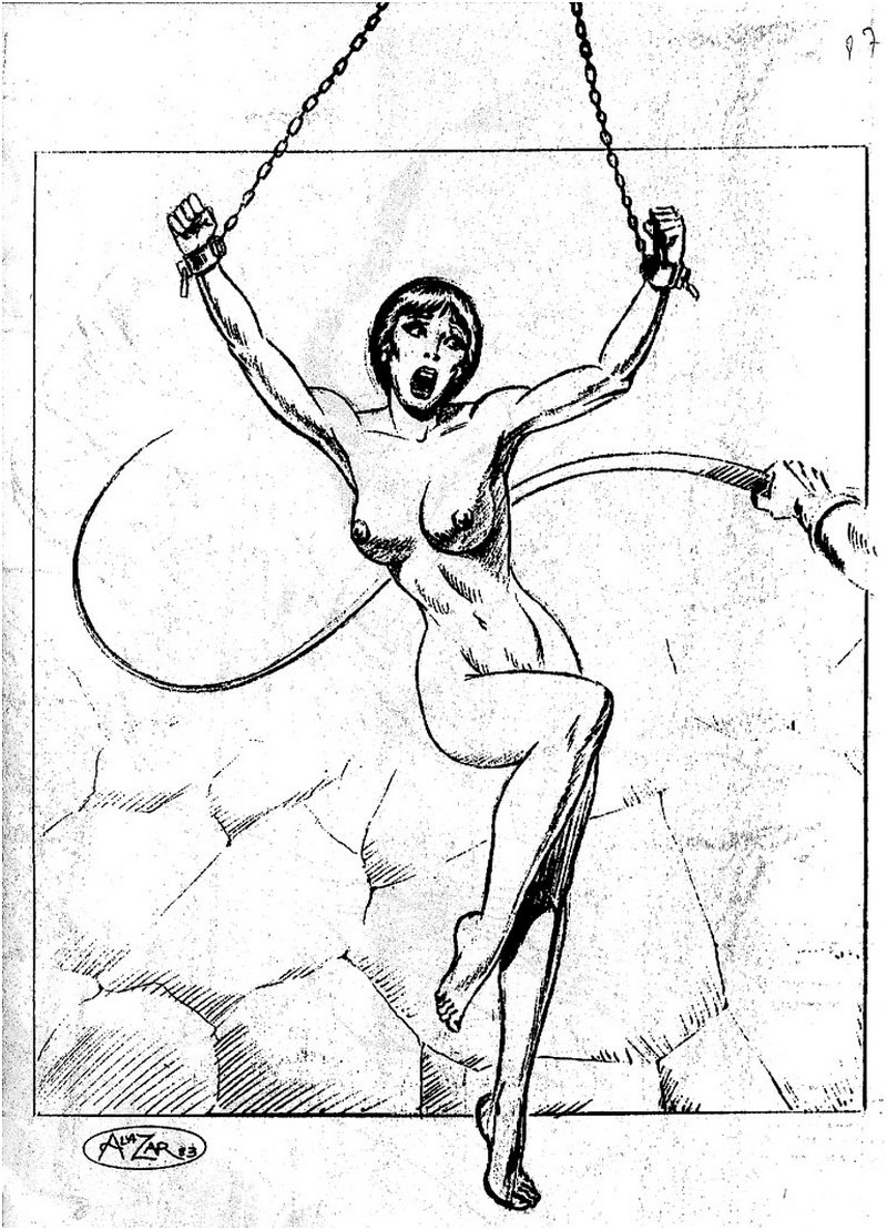 bondage bullwhipping scene with chained topless woman