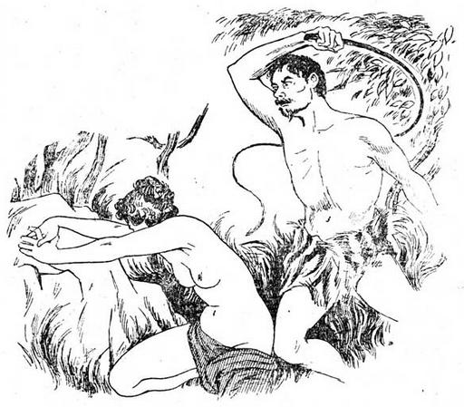 man in a loin cloth whips his woman