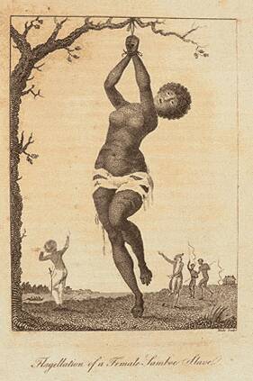 engraving of a half-naked female slave being whipped with her hands tied above her head