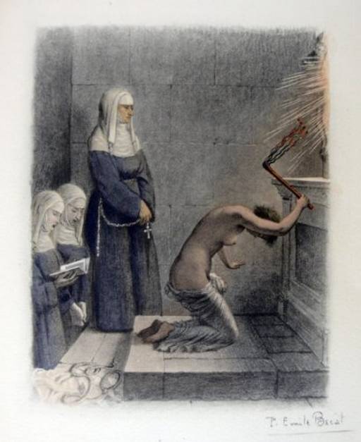 nude woman whips herself while watched by three stern nuns
