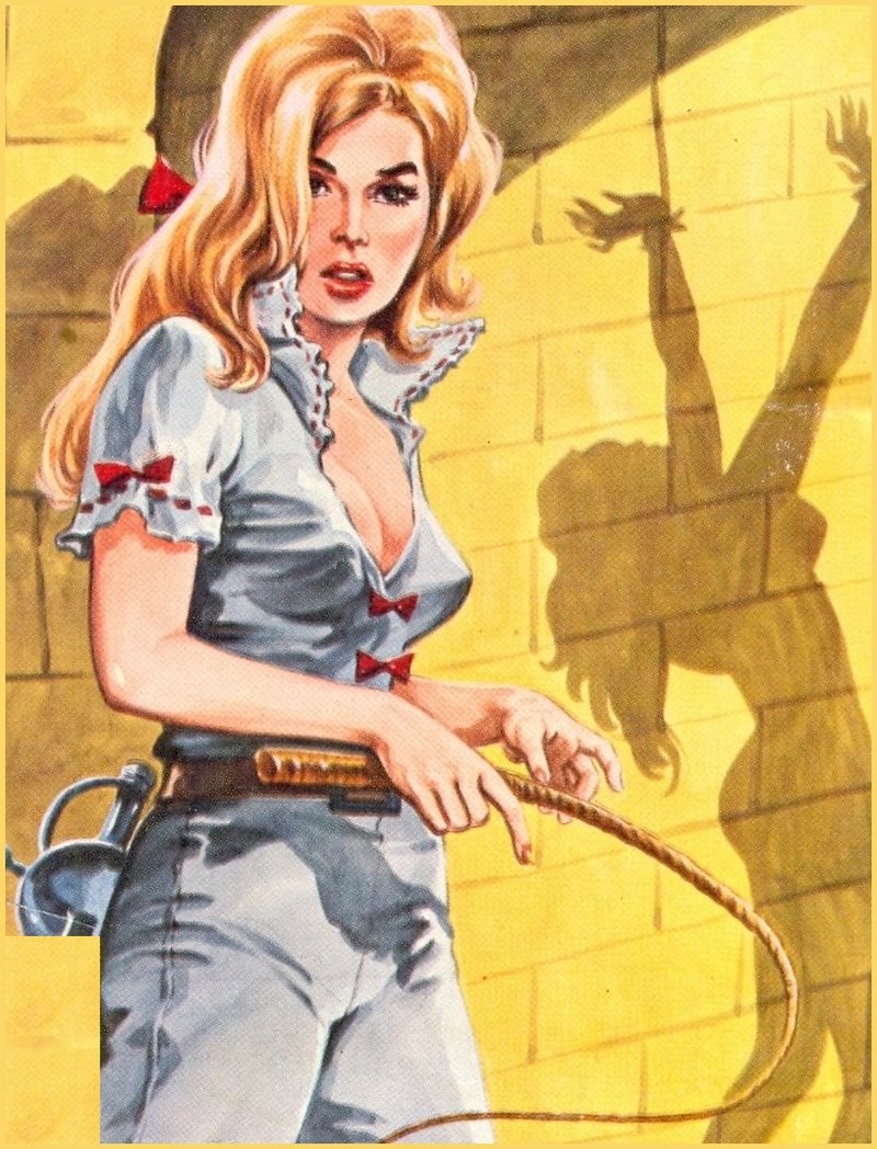 pulp cover art of woman with whip, shadow of whipped woman in chains on dungeon wall behind her