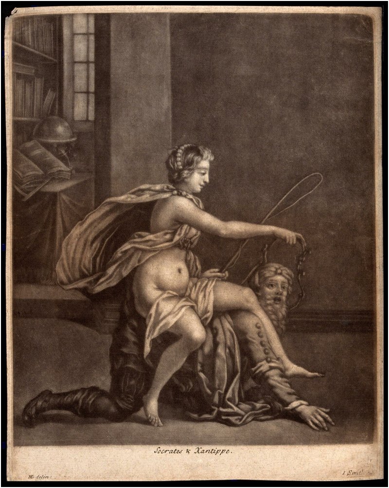 socrates on his knees while his wife xantippe rides his back whipping him